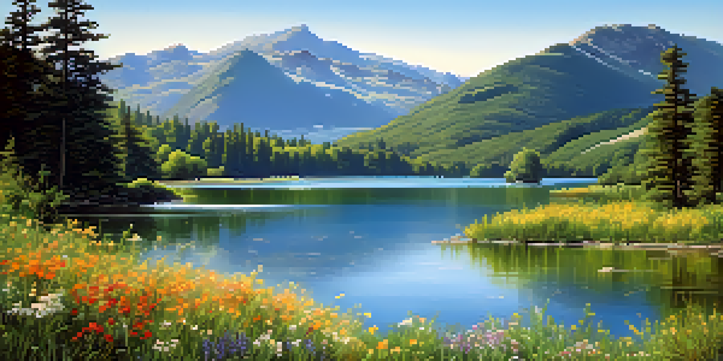 A peaceful lake scene with green mountains and wildflowers under a blue sky.