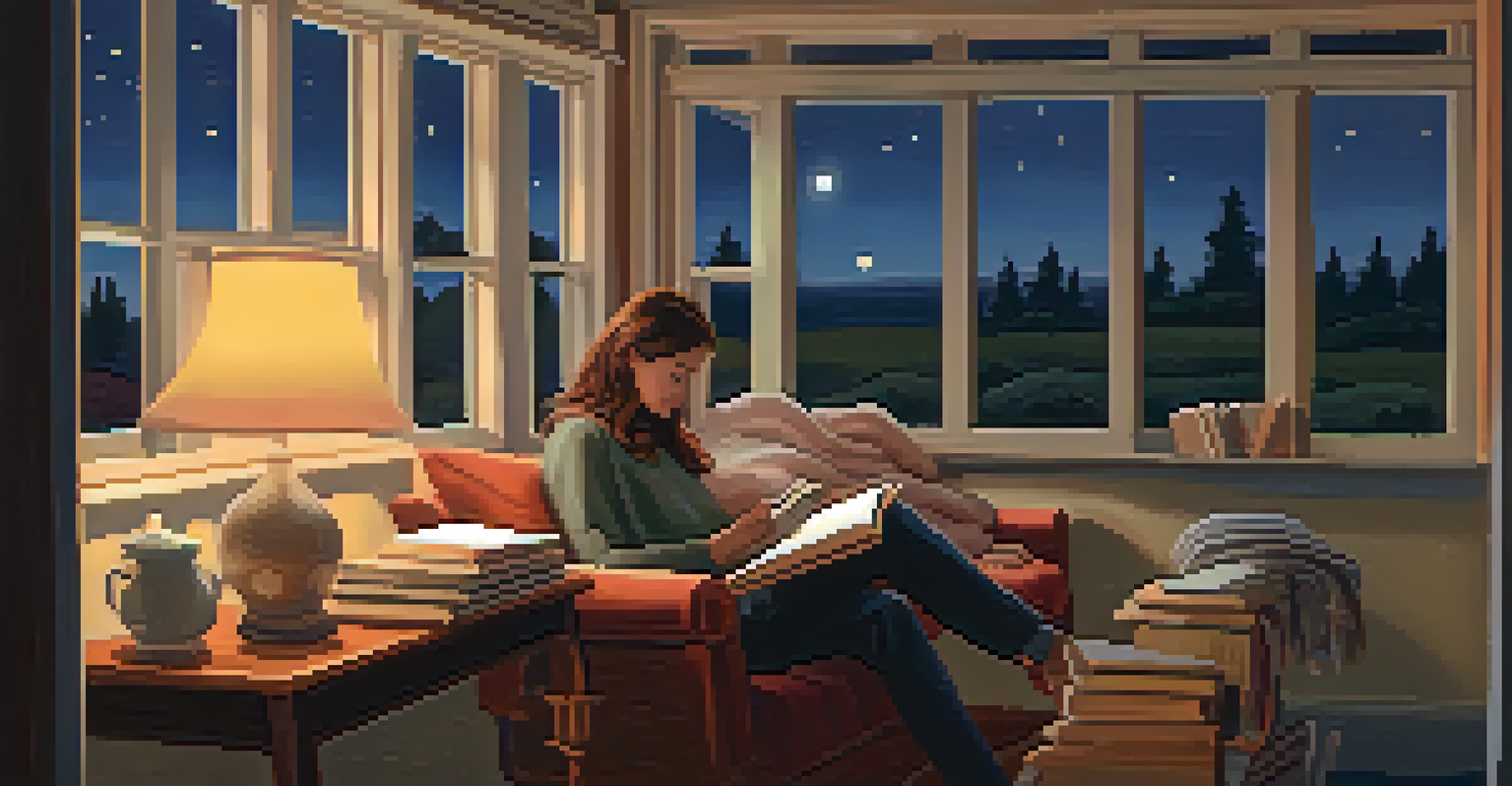 A cozy reading nook with a person journaling, surrounded by books and a warm blanket in a twilight setting.