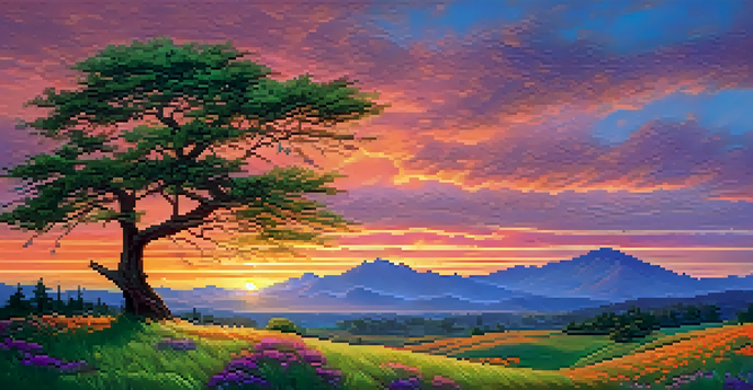 A resilient tree bending in the wind during a colorful sunset, surrounded by green grass and wildflowers.