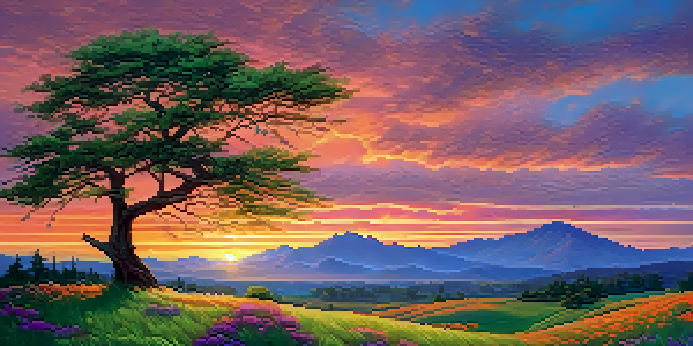 A resilient tree bending in the wind during a colorful sunset, surrounded by green grass and wildflowers.