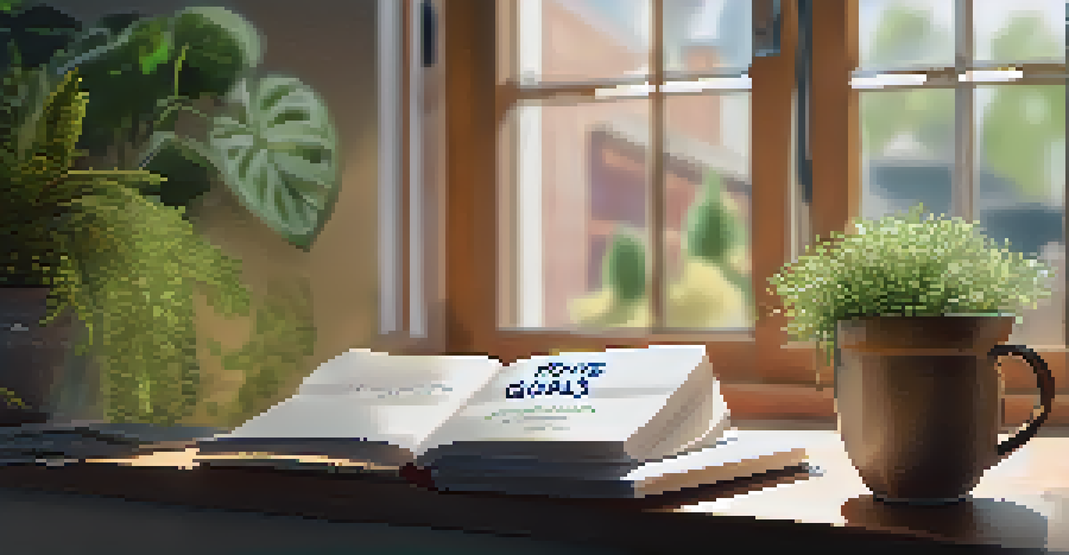 A person's hands holding a notebook with 'Positive Goals' written on it, surrounded by a cozy workspace.