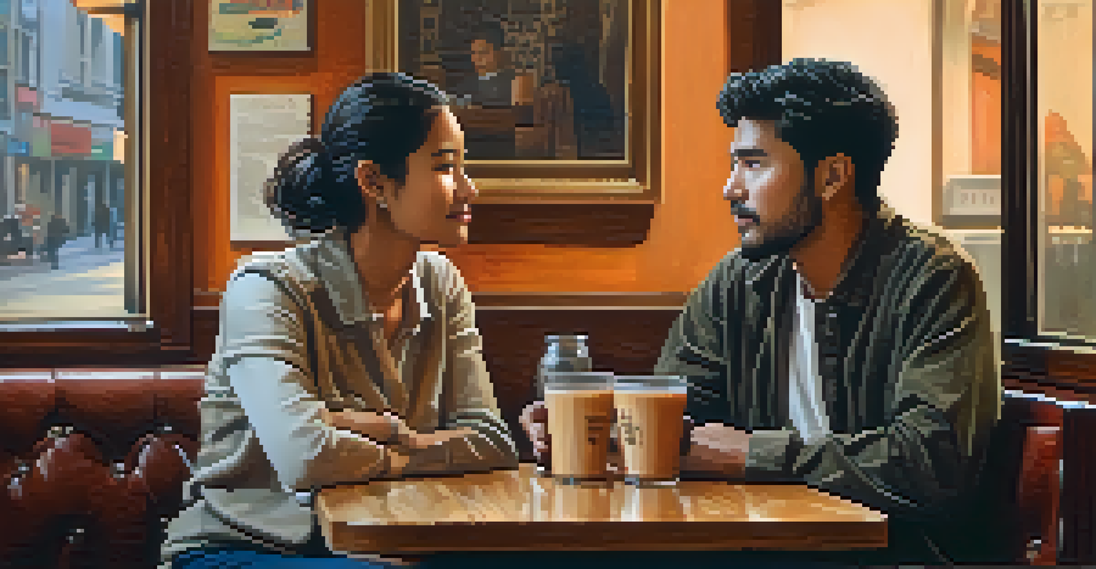 Two people from different cultures engaged in a thoughtful conversation in a cozy café with warm lighting.