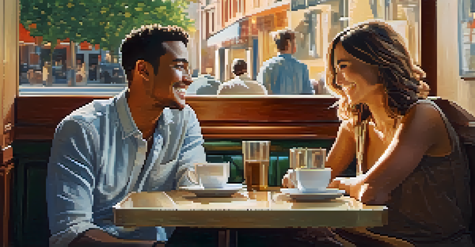 Two people conversing at a cafe, one leaning in and smiling, creating a warm and inviting atmosphere.
