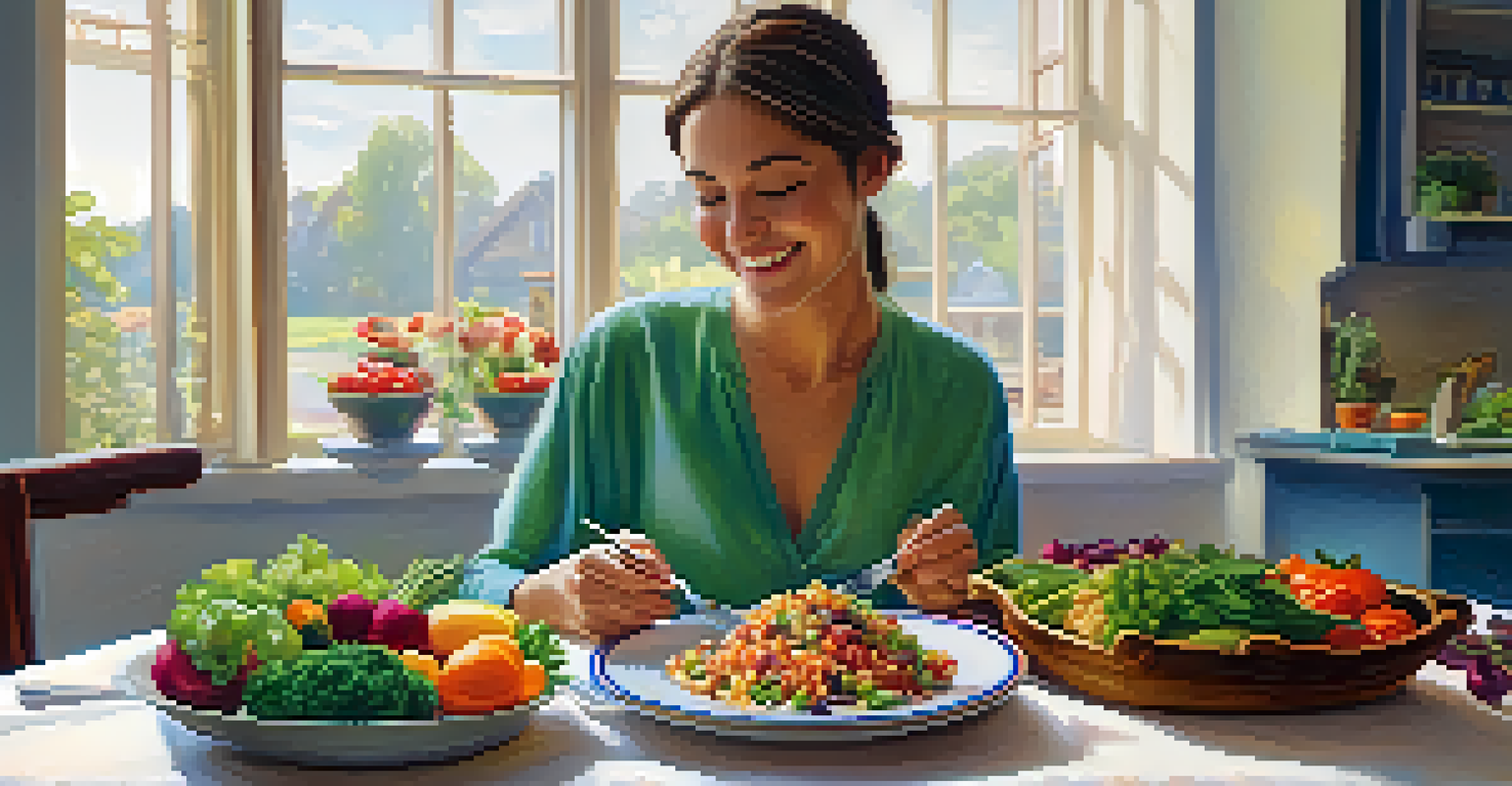 A close-up of a person enjoying a colorful meal at a beautifully set table, showcasing the joy of mindful eating.