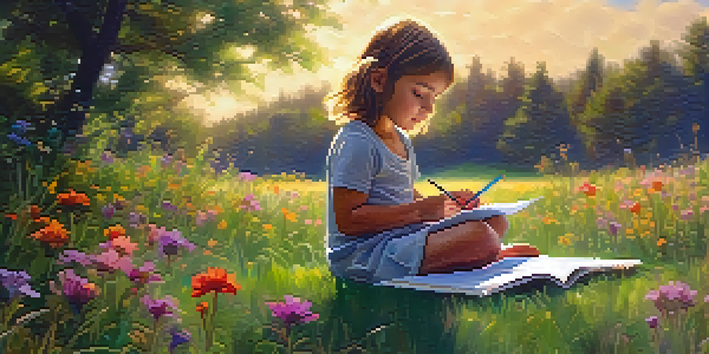 A young child sitting on grass, drawing in a sketchbook, surrounded by colorful flowers and under a sunny sky.