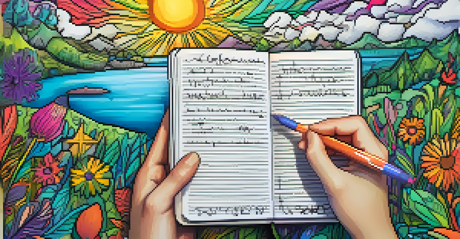 A close-up of a handwritten journal page filled with quotes and doodles, with a colorful backdrop.