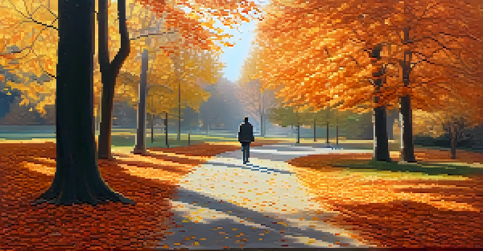 A peaceful autumn park scene with colorful leaves and a person walking calmly on a leaf-covered path.