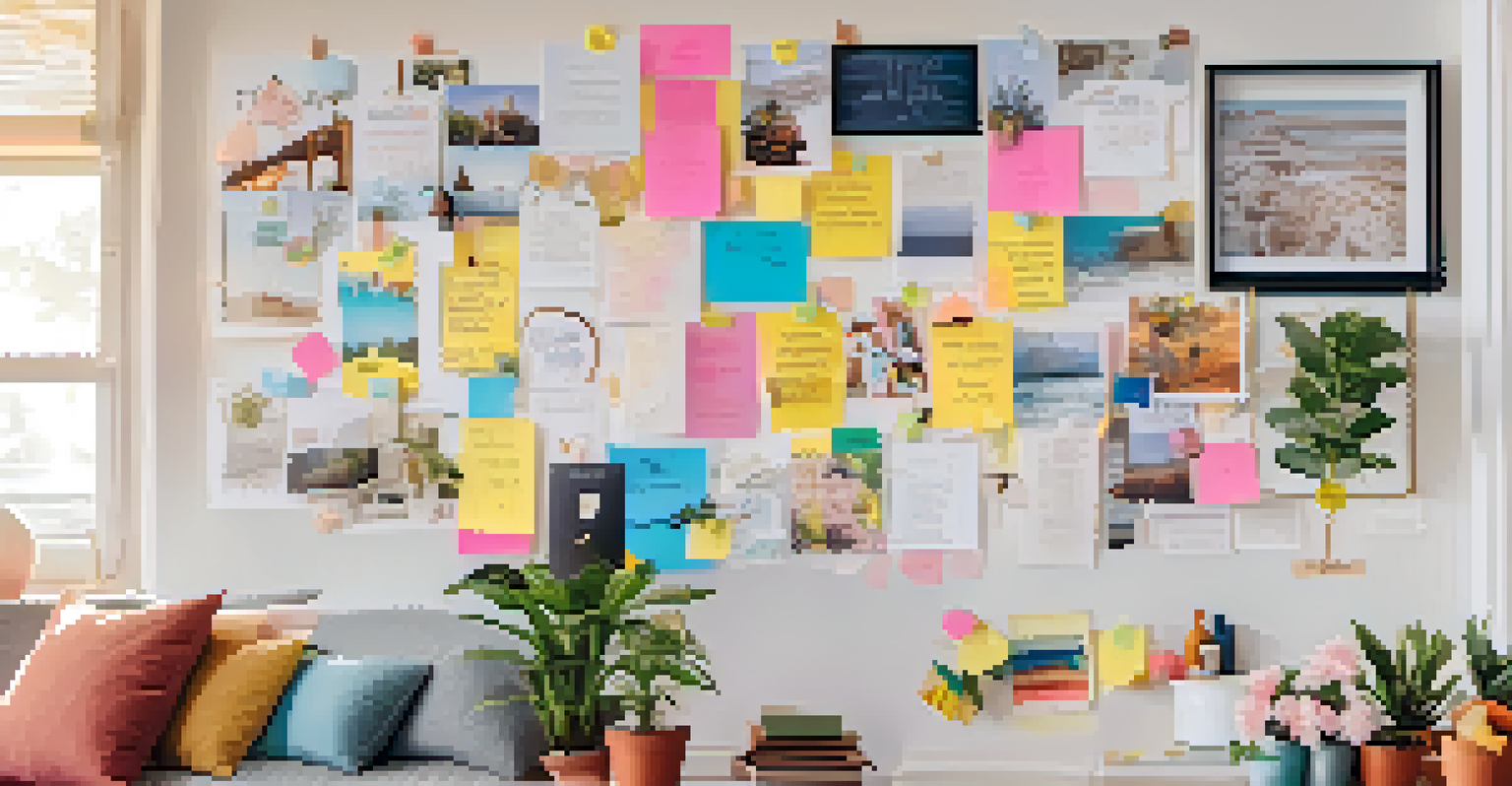 A close-up view of a vision board filled with sticky notes and photographs, set in a bright room.
