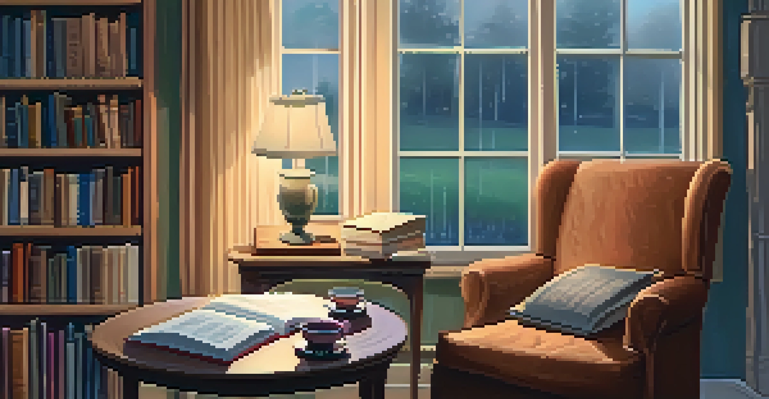 A cozy room with warm lighting, an armchair, a cup of tea, and a window showing rain outside.