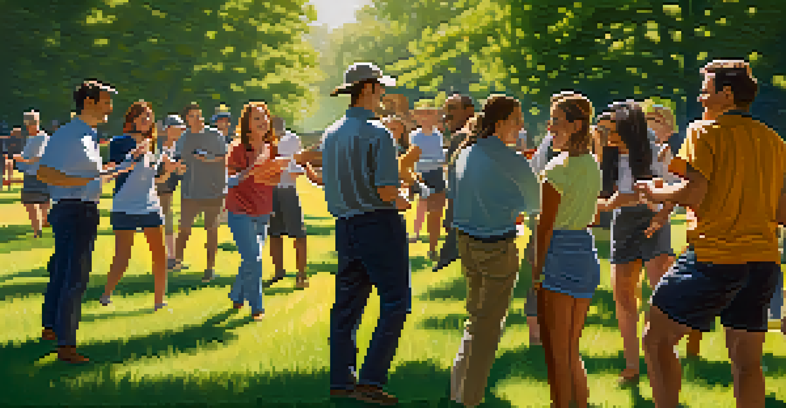 A diverse group of people participating in an outdoor team-building exercise, smiling and collaborating in a sunny park setting.