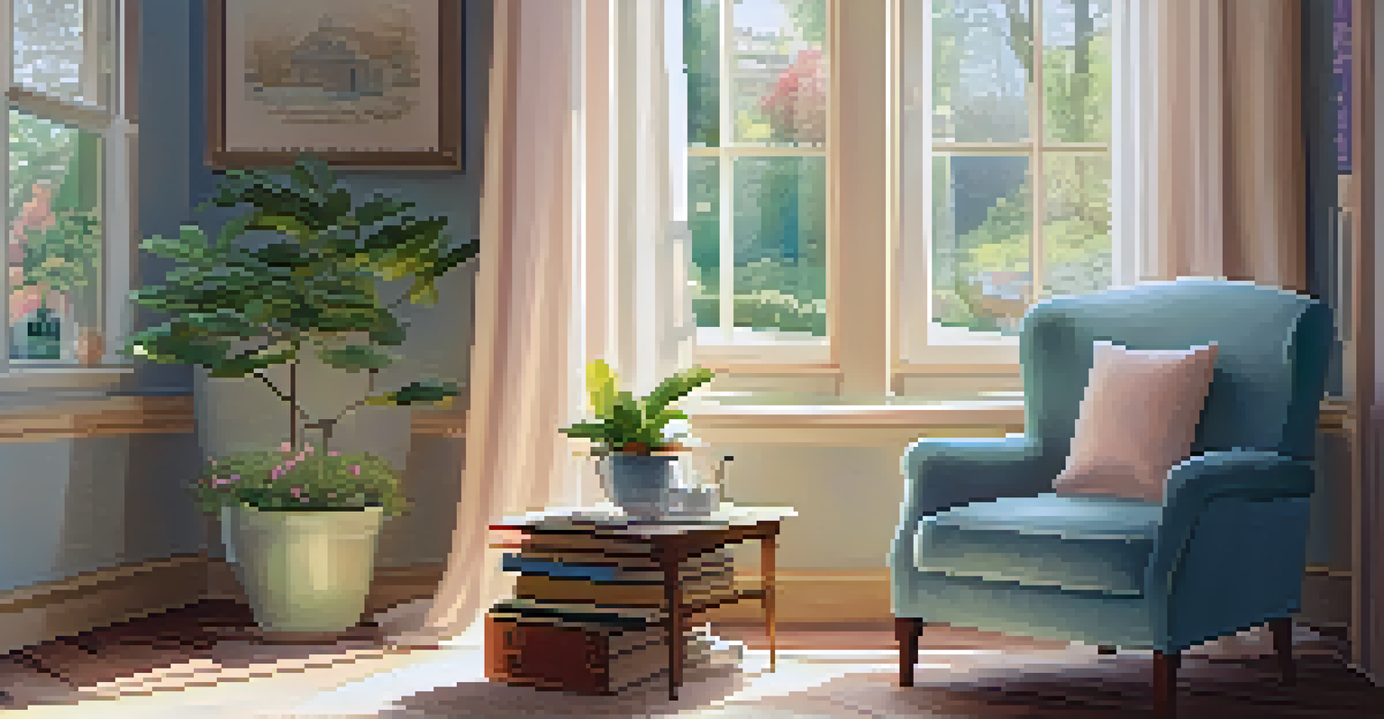 A cozy room with an armchair, a cup of tea, and an open book by a sunlit window, featuring soft colors and indoor plants.