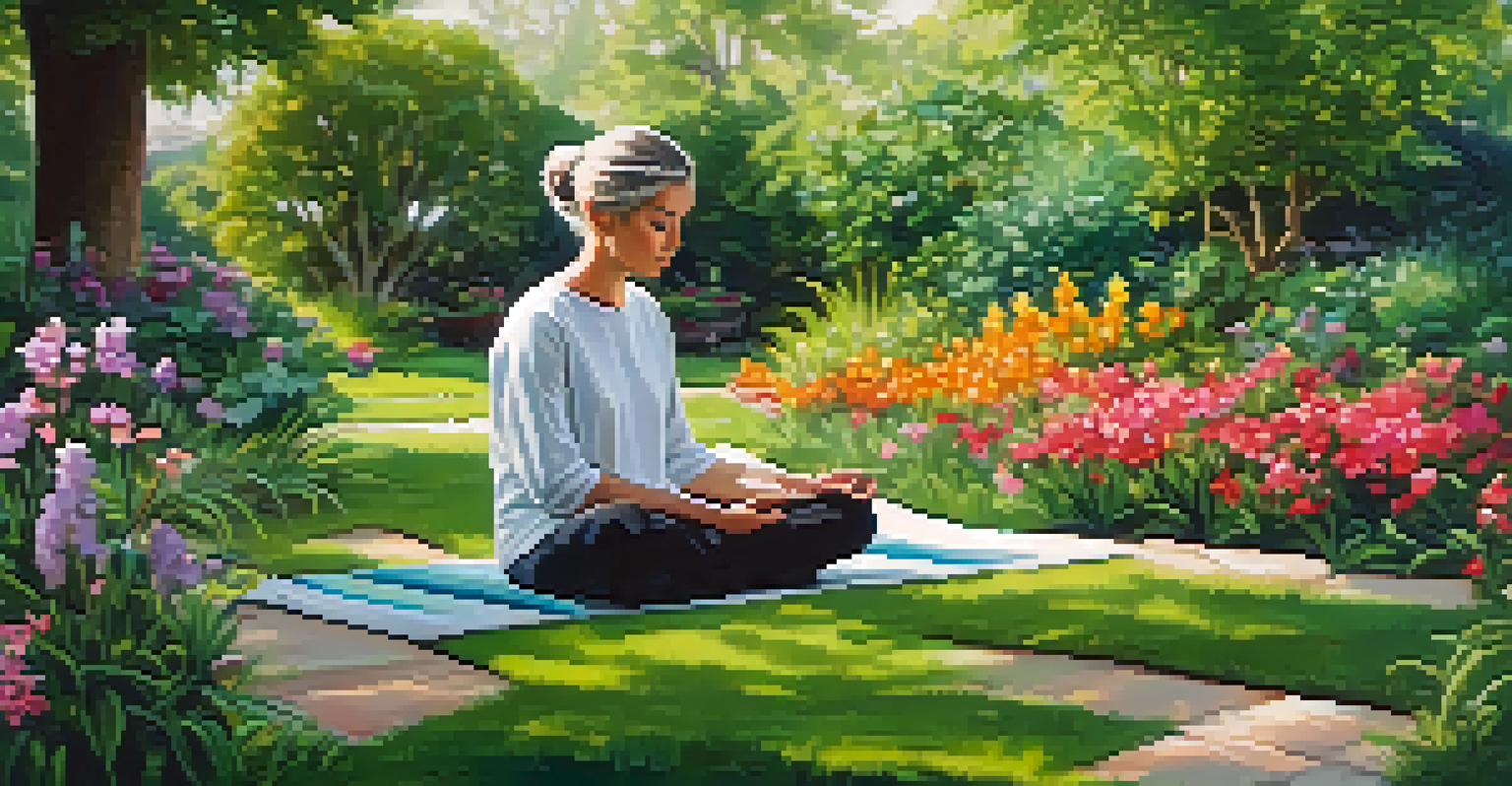 A person meditating peacefully in a colorful garden filled with flowers and greenery, capturing a sense of tranquility and mindfulness.