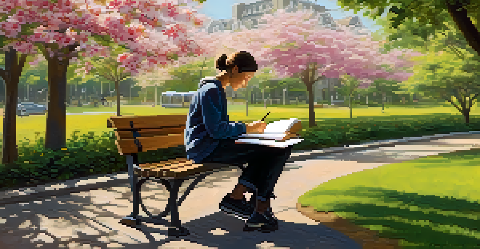 A person writing in a gratitude journal on a park bench surrounded by blooming flowers and greenery.