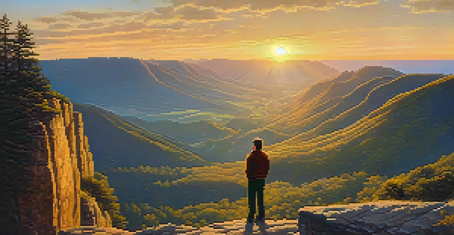 A person at the edge of a cliff looking over a scenic valley at sunset, symbolizing optimism and courage.