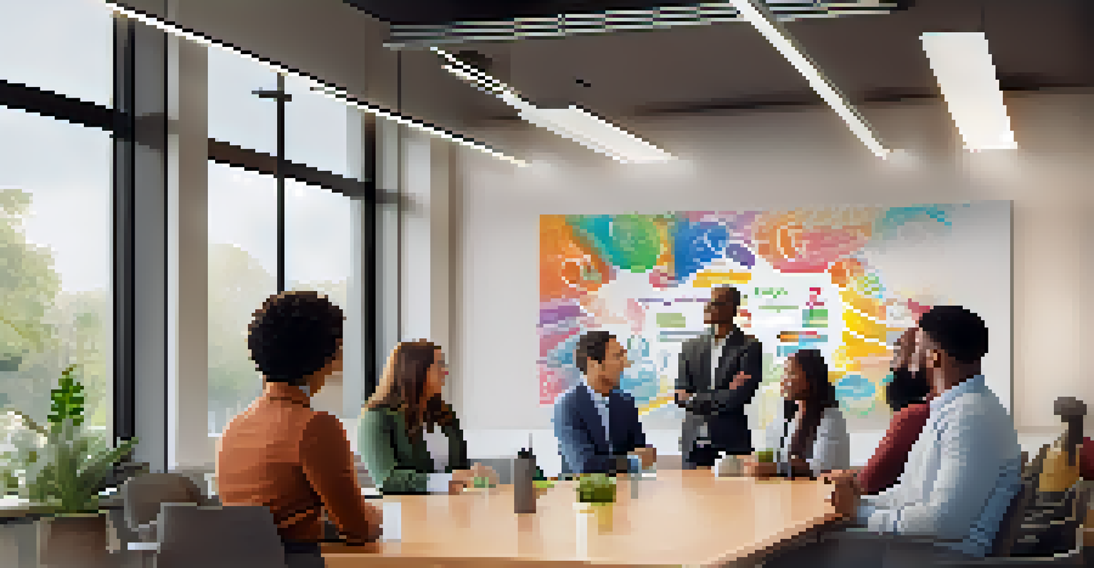 A team meeting with individuals from various ethnic backgrounds collaborating over a digital presentation in a bright conference room.
