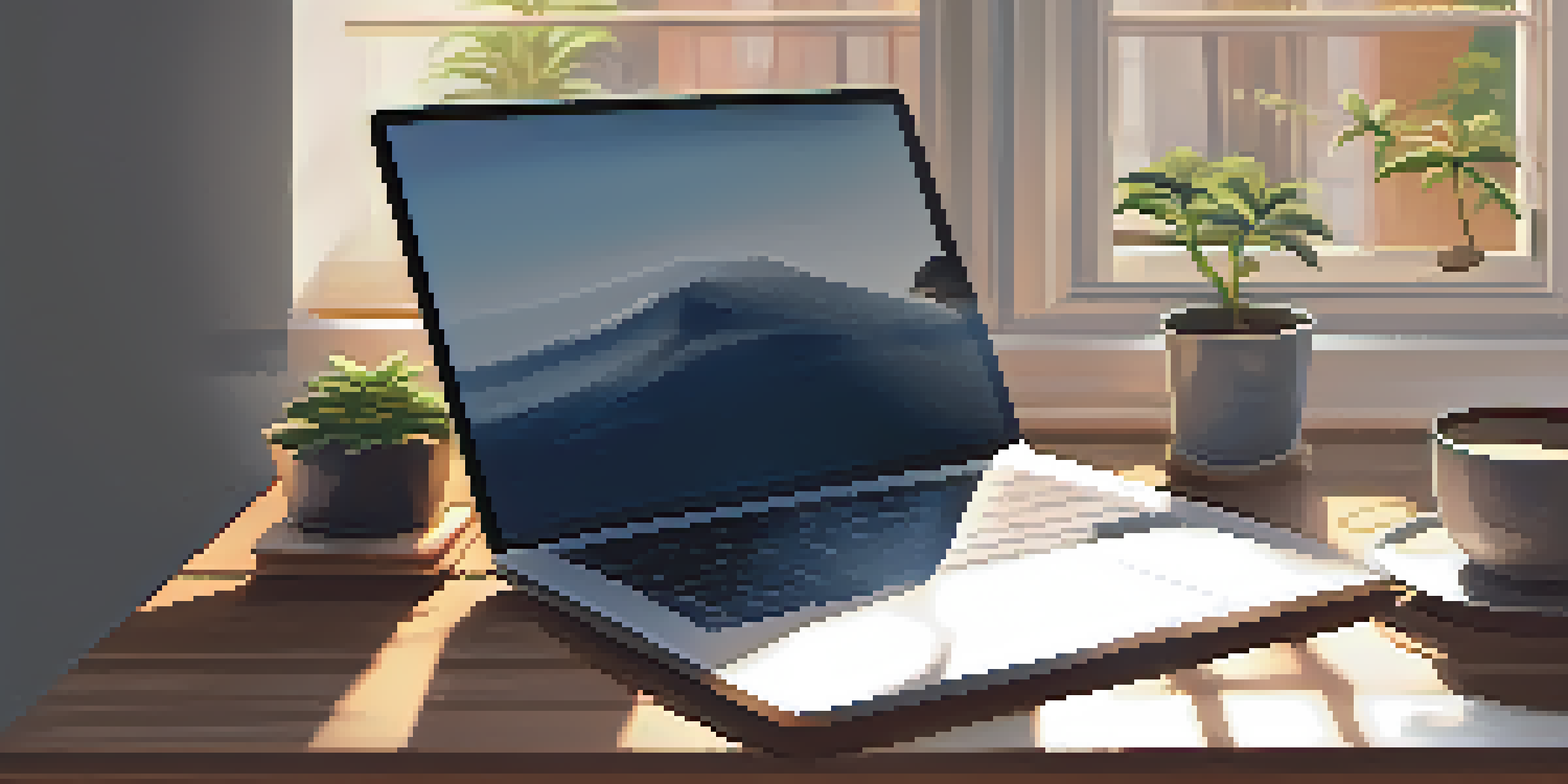 A calm and organized workspace with a laptop, plant, and coffee, illuminated by soft natural light.