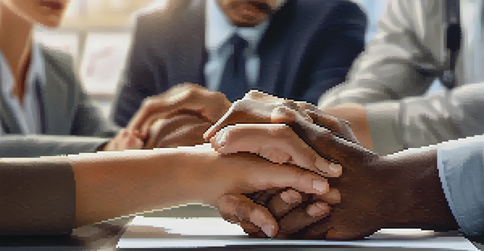 Close-up of two hands clasped together, symbolizing trust and support, with a blurred team working in the background.