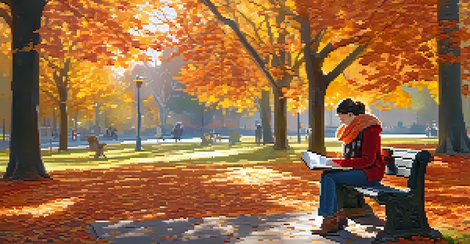 A person sitting on a bench in a park, writing in a journal surrounded by colorful autumn leaves and dappled sunlight.