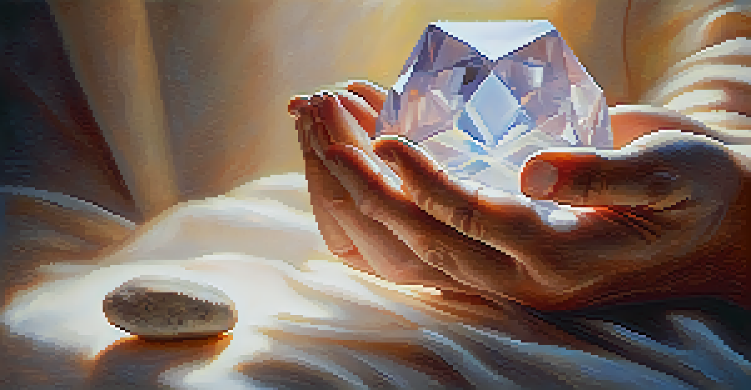 Close-up of hands holding a glowing crystal, symbolizing mindfulness and self-discovery, against a softly blurred warm background.