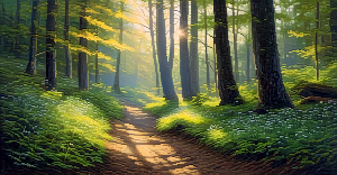 A peaceful forest with sunlight shining through trees and a winding path covered in soft moss and wildflowers.