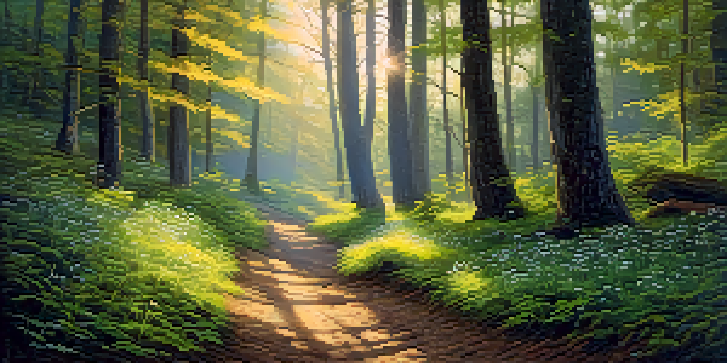 A peaceful forest with sunlight shining through trees and a winding path covered in soft moss and wildflowers.