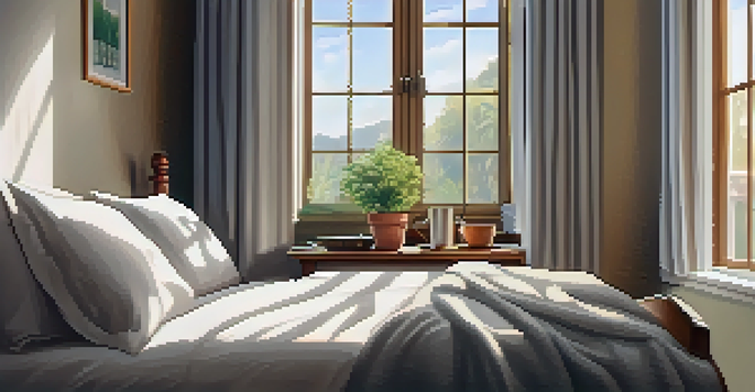 A cozy bedroom filled with soft morning light, featuring a neatly made bed, a steaming cup of coffee, a journal, and a potted plant on the bedside table.