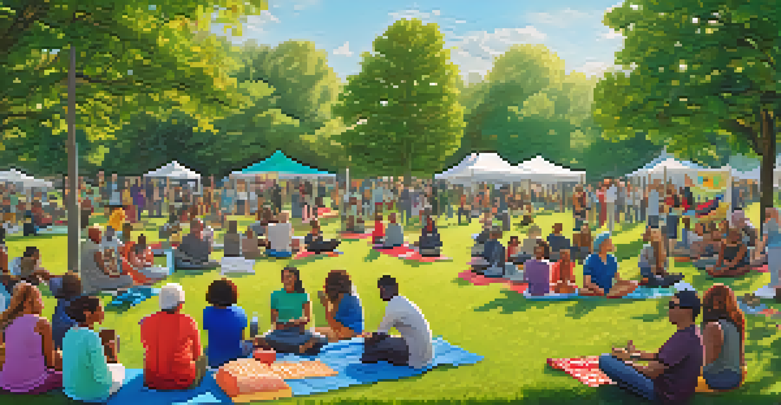 A lively community gathering in a park with people sharing stories and engaging in activities, surrounded by greenery.