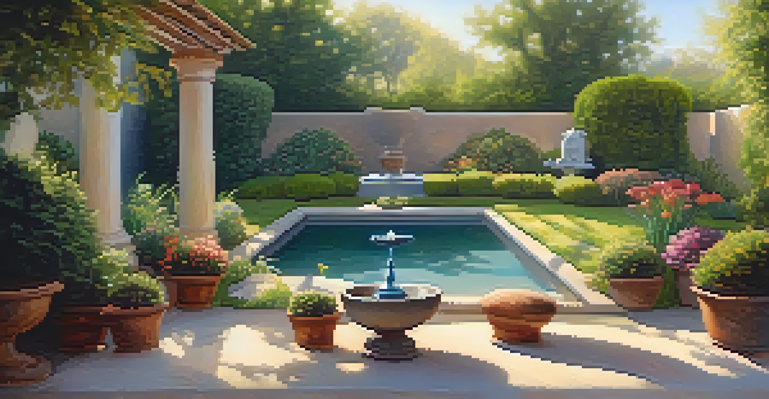 A cozy garden scene with a person sitting on a blanket, surrounded by colorful plants and a fountain, under soft sunlight.