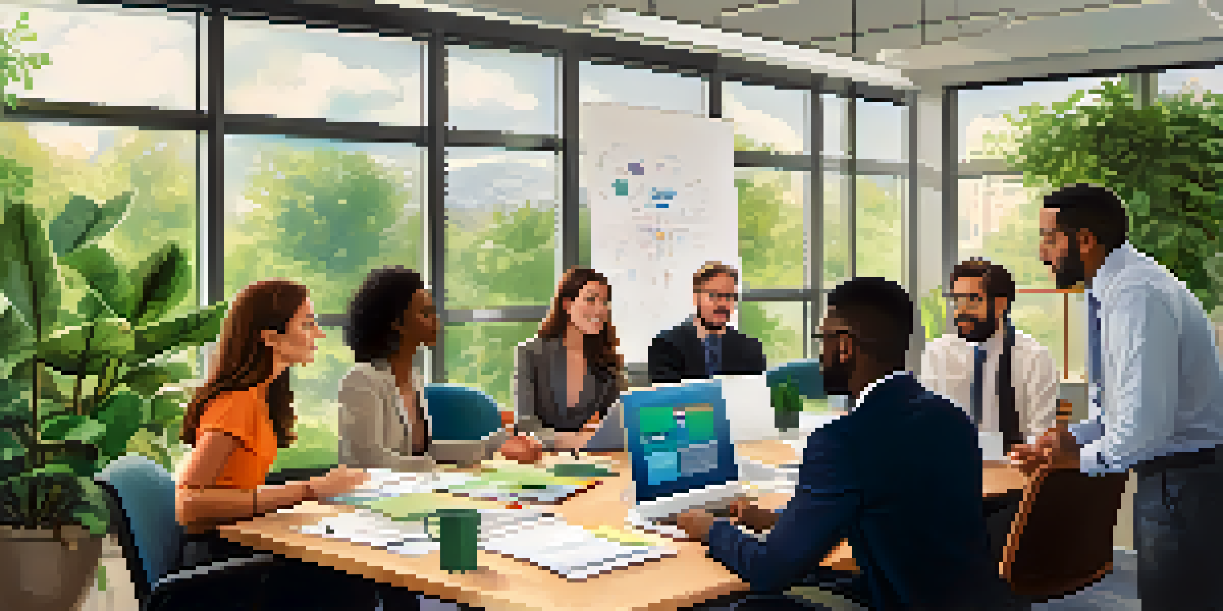 A diverse team of professionals in a bright office space collaborating around a whiteboard filled with ideas, with plants in the background.