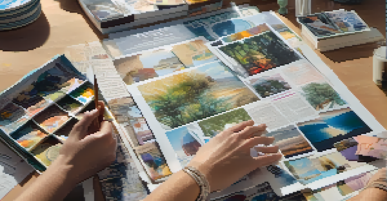 A close-up view of hands arranging pictures on a vision board, with a blurred background showcasing the textures of the materials.