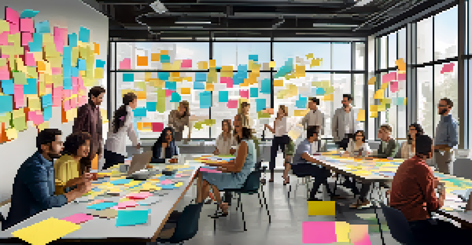 A group of people brainstorming around a large table filled with sticky notes and charts, guided by an enthusiastic leader in a bright open workspace.
