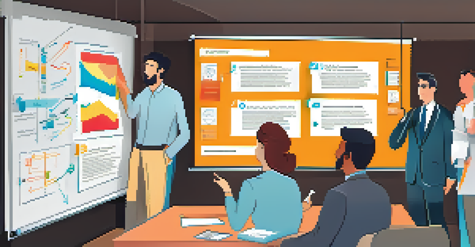 A colorful diagram on a whiteboard illustrating effective communication strategies, with team members discussing in a modern office setting.