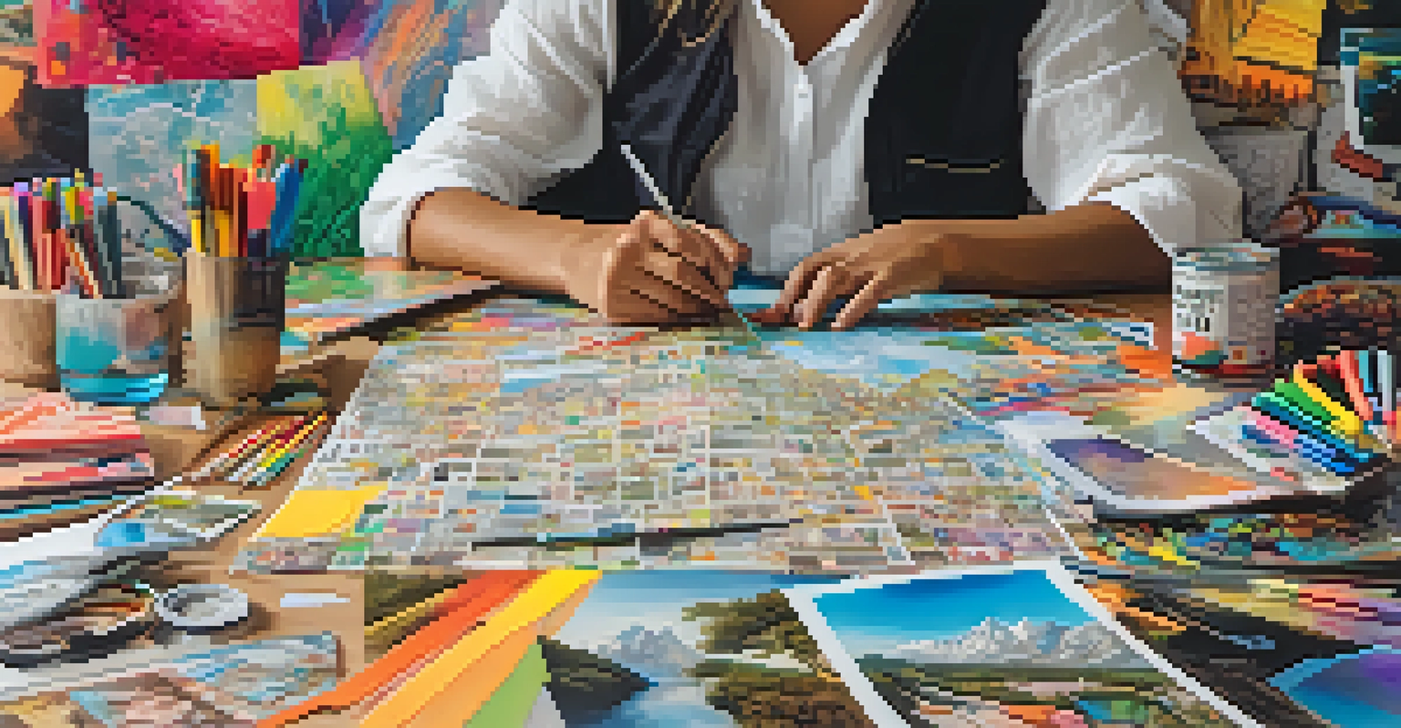 A person creating a vision board at a table filled with magazines, scissors, and colorful markers, illuminated by natural light.