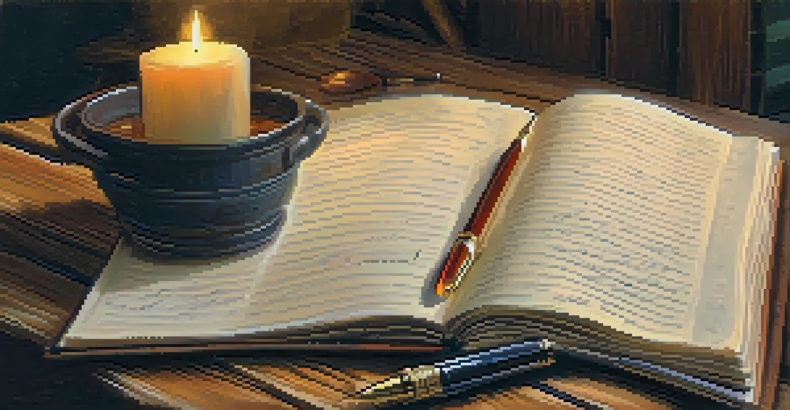 An open journal with handwritten notes, a fountain pen, a plant, and a candle on a wooden table, ideal for self-reflection.