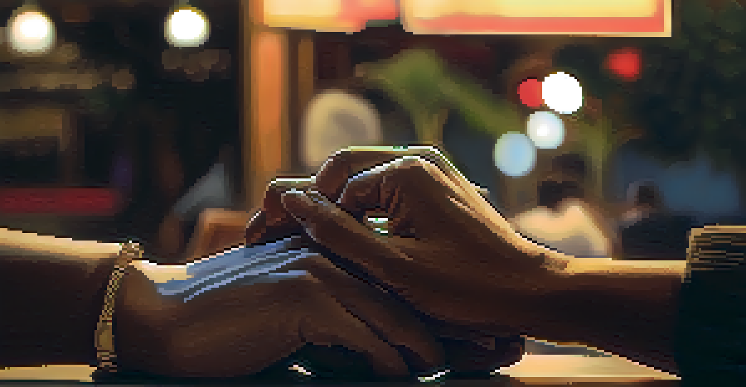 Two hands showing active listening in a warm café setting, symbolizing empathy and connection.