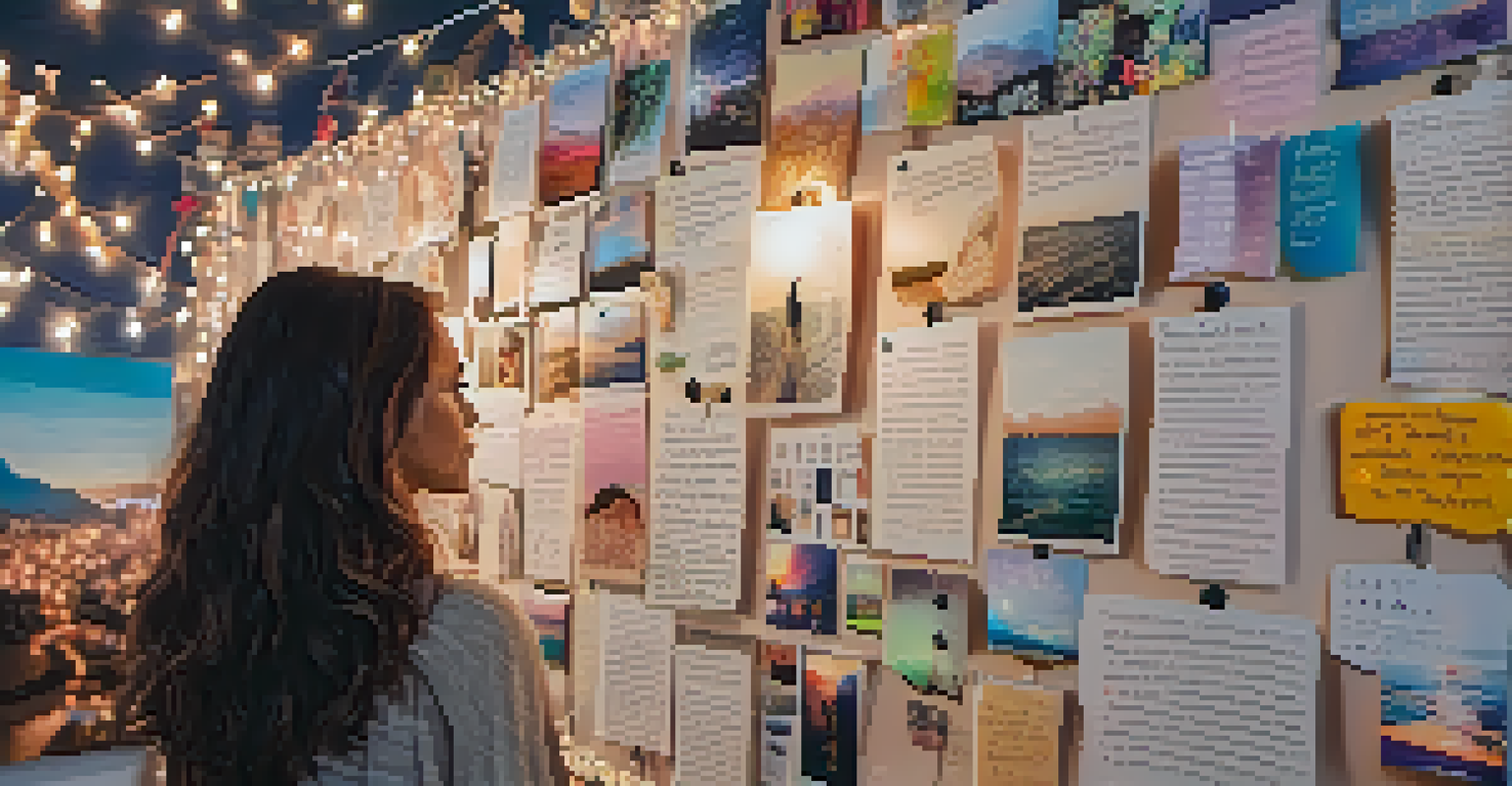 An inspiring vision board with images, quotes, and fairy lights, with a person reflecting on their goals in the background.