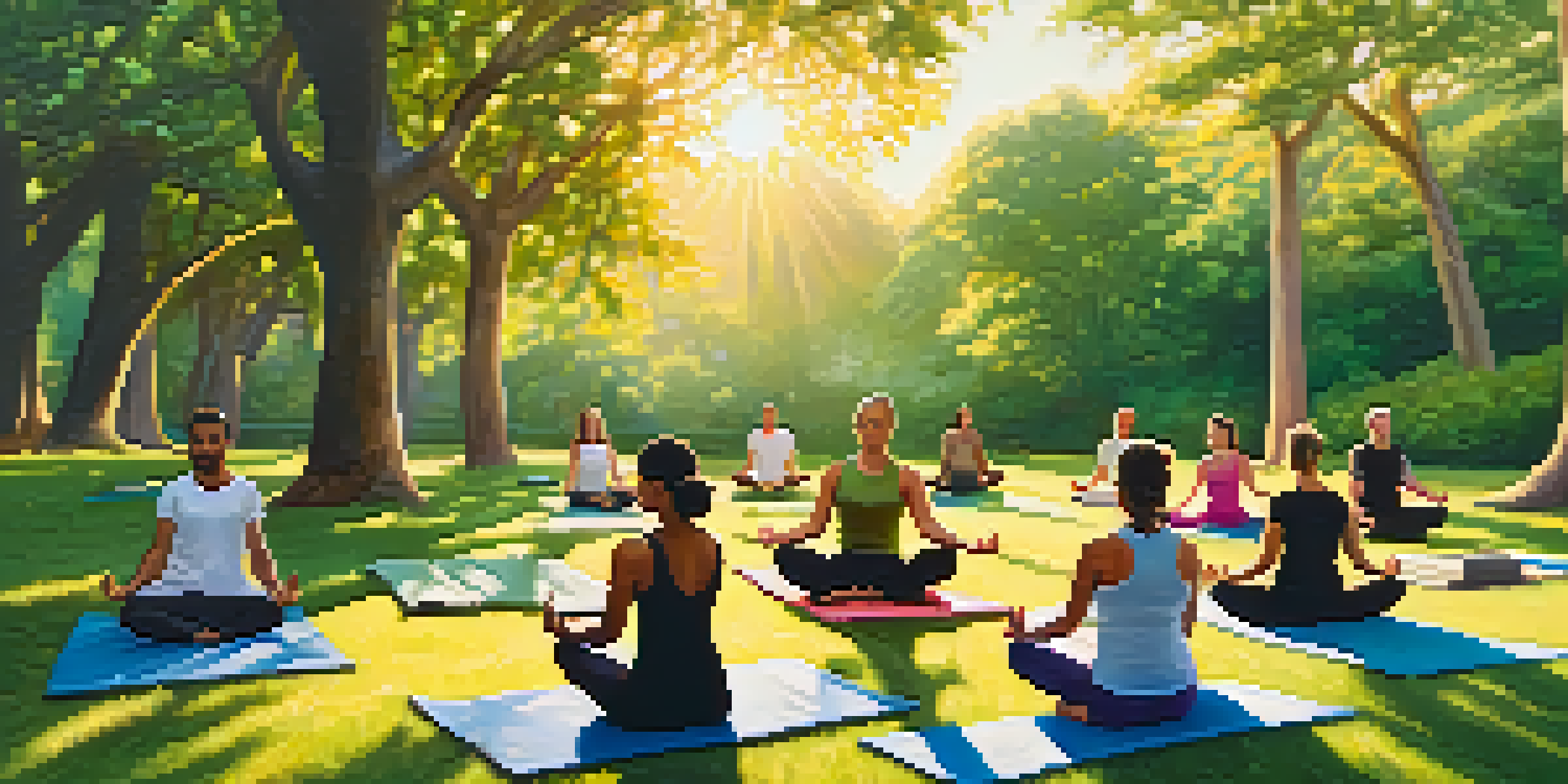 A diverse group of individuals practicing yoga in a peaceful park at sunrise, surrounded by lush greenery and soft golden light.