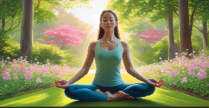 A woman practicing yoga in a green park during the morning, surrounded by flowers and trees with sunlight filtering through the leaves.