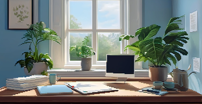 A peaceful home office with a wooden desk, laptop, notepad, and coffee cup, illuminated by natural light and surrounded by indoor plants.