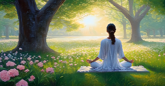 A person meditating in a tranquil garden filled with blooming flowers and soft sunlight filtering through leaves.