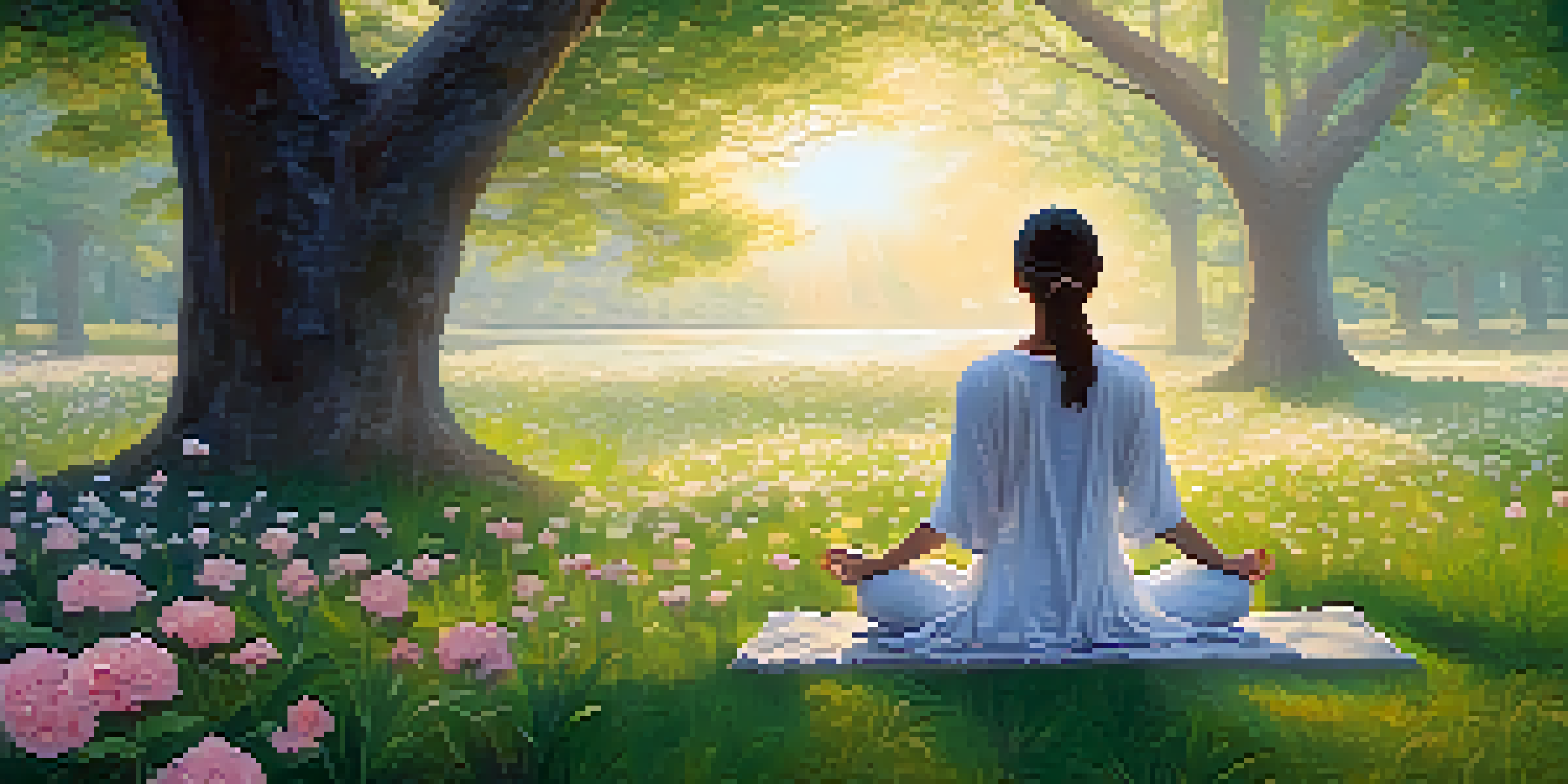 A person meditating in a tranquil garden filled with blooming flowers and soft sunlight filtering through leaves.