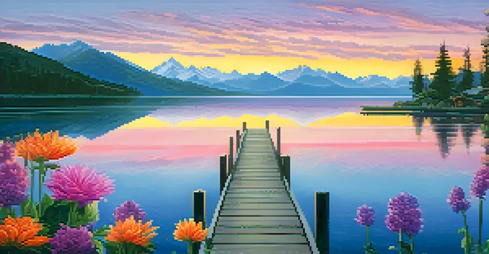 A peaceful sunset over a tranquil lake with mountains in the background and a wooden dock in the foreground decorated with flowers.