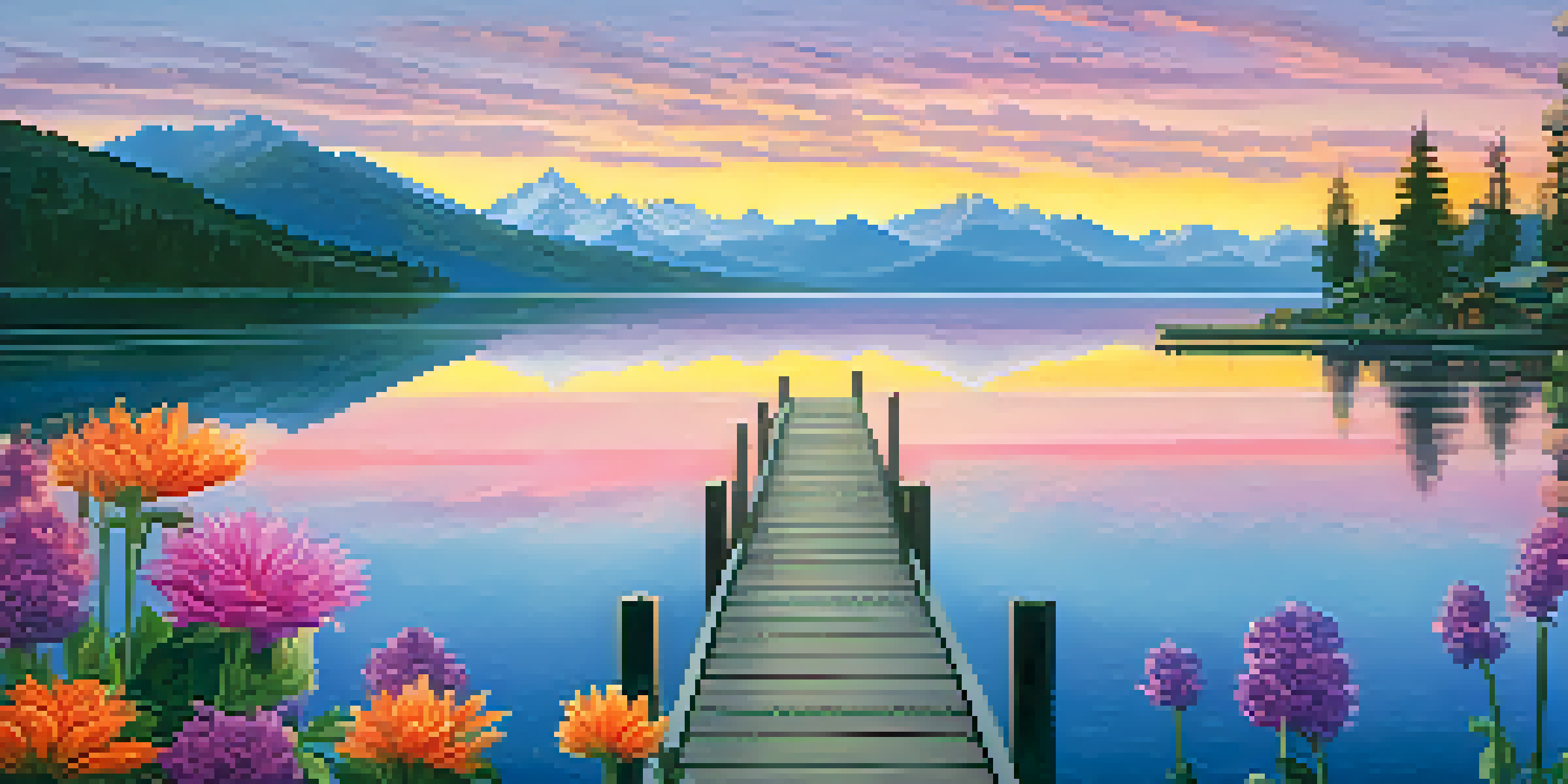 A peaceful sunset over a tranquil lake with mountains in the background and a wooden dock in the foreground decorated with flowers.