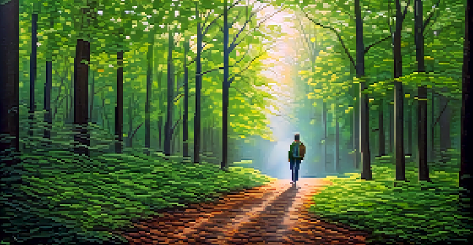 A person walking on a forest path, surrounded by tall trees and green leaves, with soft morning light illuminating the scene.