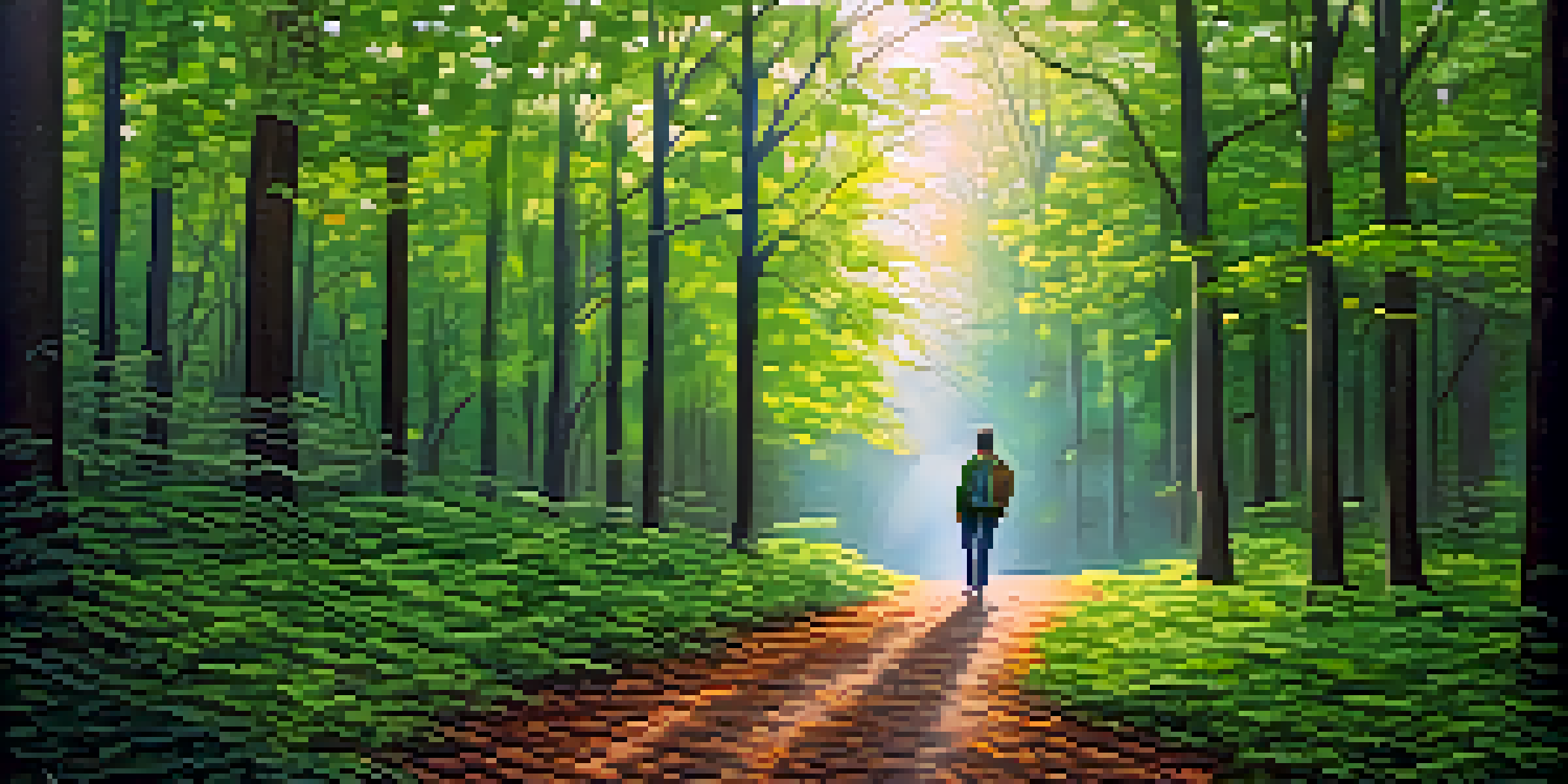 A person walking on a forest path, surrounded by tall trees and green leaves, with soft morning light illuminating the scene.