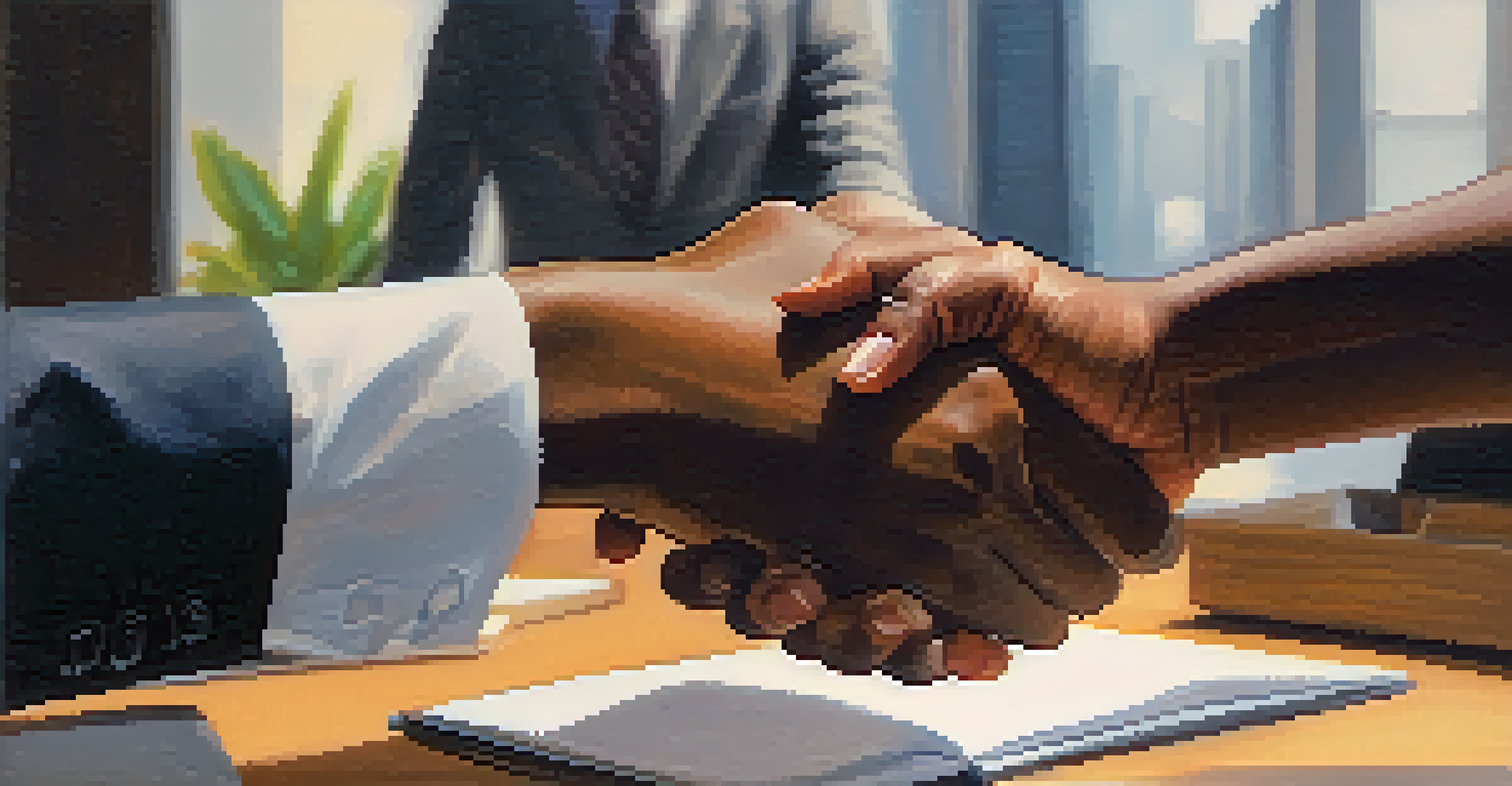 A close-up of a handshake between two individuals in an office setting, symbolizing a professional connection.