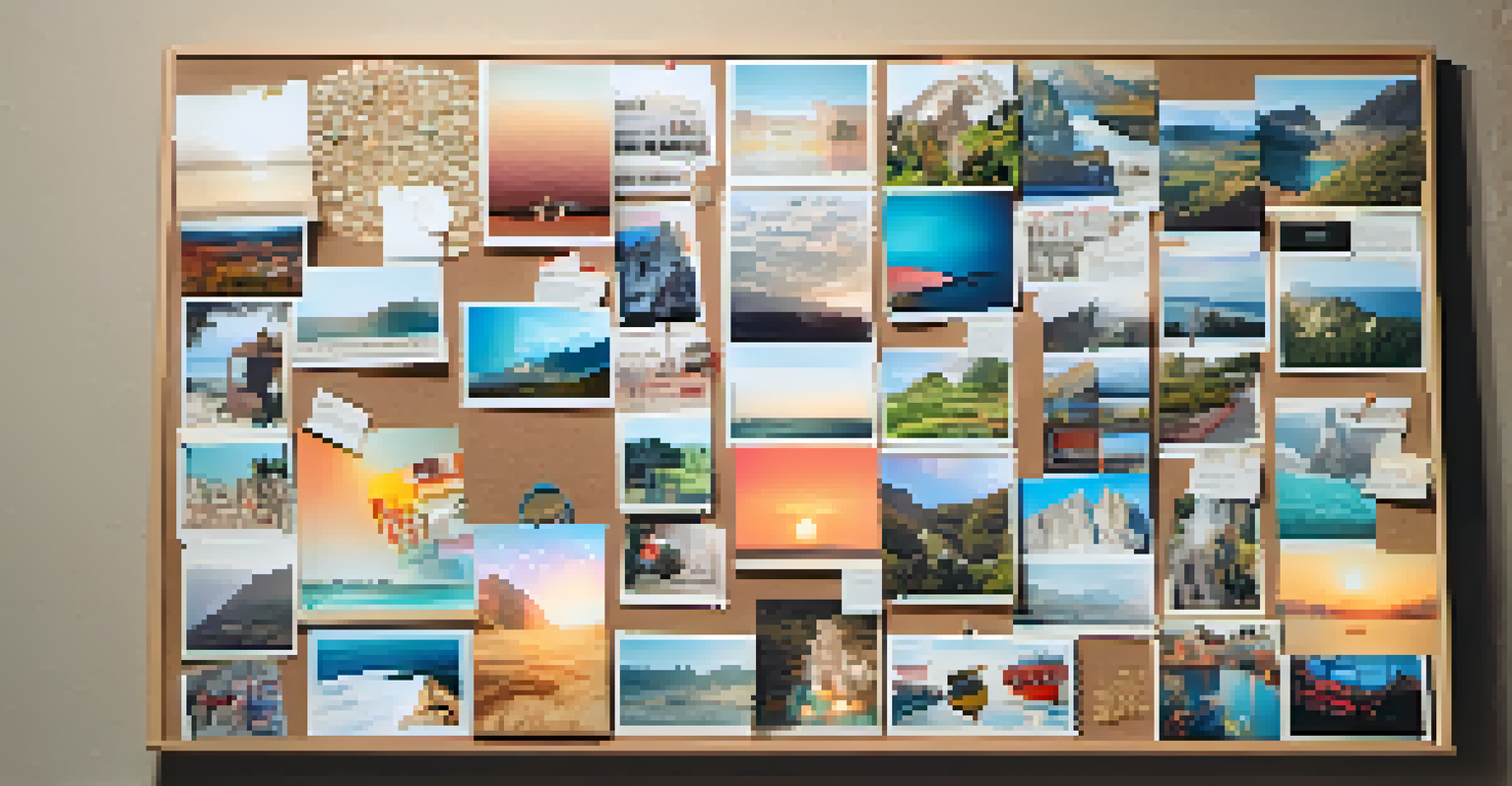A colorful vision board filled with images and quotes, showcasing dreams and goals, with a warm light illuminating it.