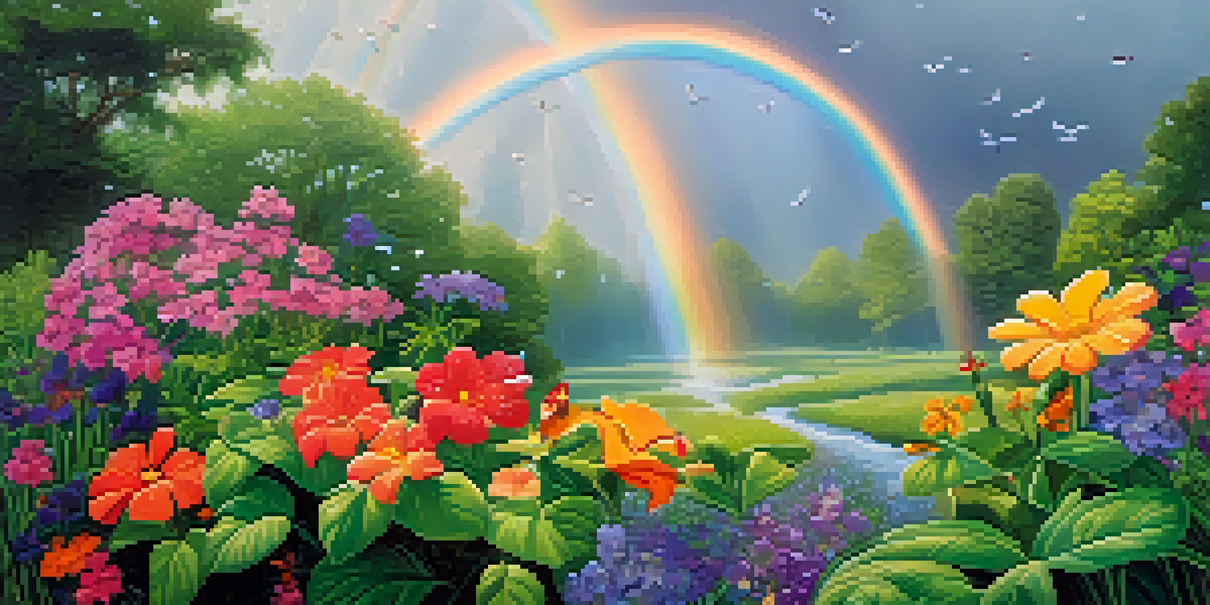 A vibrant garden scene after rain, with blooming flowers, a butterfly, and a rainbow in the background.