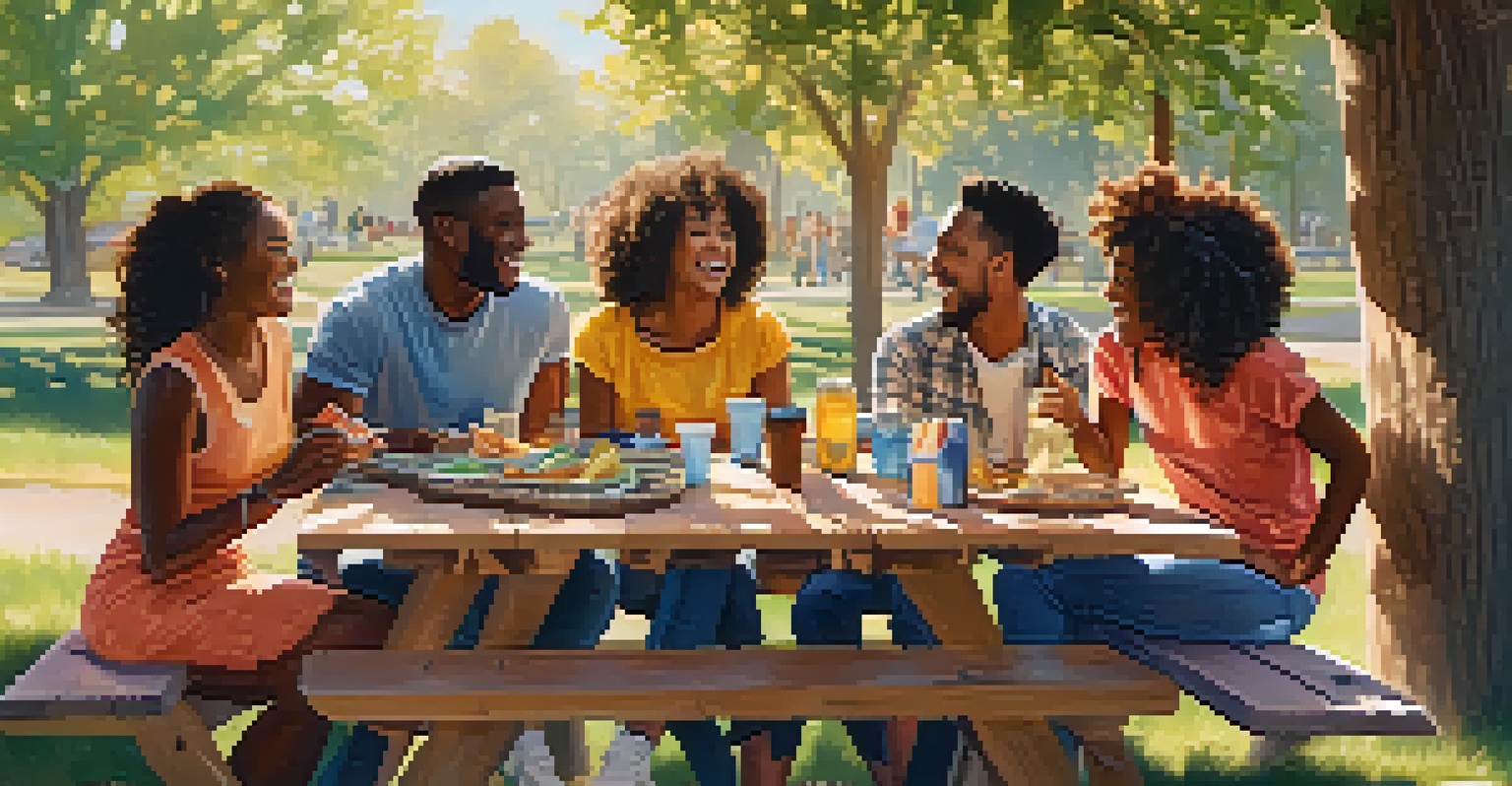 A diverse group of friends enjoying a joyful moment outdoors, sharing stories and laughter around a picnic table.