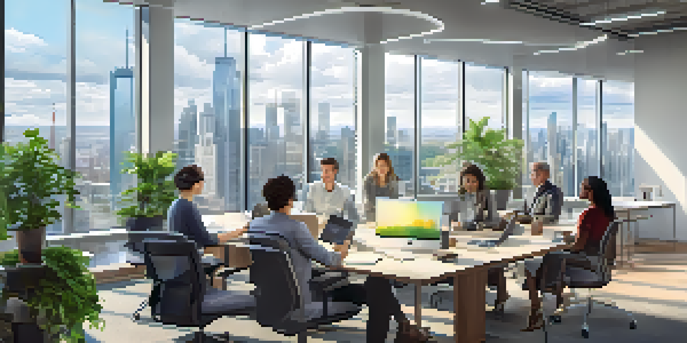 A diverse group of professionals brainstorming in a bright office with a city skyline view.
